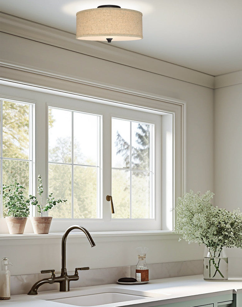 Kira Home Newport 14" Ceiling Light, Beige Linen Drum Shade, Oil-Rubbed Bronze