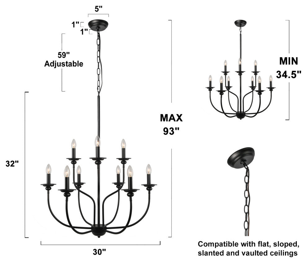 LNC 2-Tier Matte Black Farmhouse Candle-Style Chandelier, 9 Lights