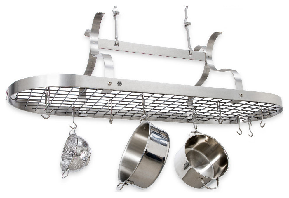 Handcrafted Scroll Arm Oval Ceiling Pot Rack w 24 Hooks Stainless Steel
