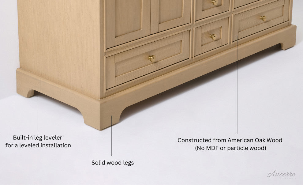 Audrey Vanity Set, Oak, 60", Gold Hardware, White Quartz Top