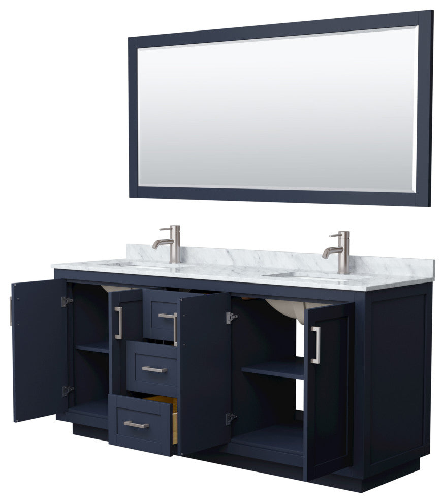 72"DBL Vanity Dark Blue, Carrara Countertop, Sinks, Nickel Trim, 70"Mirror