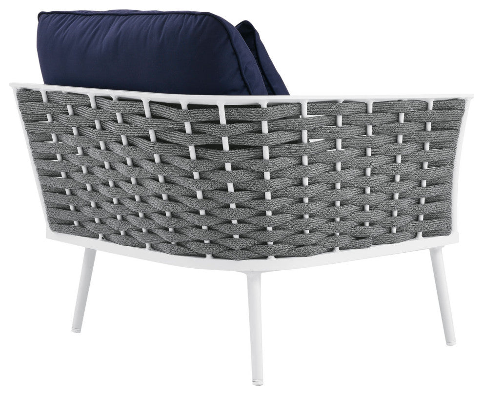 Lounge Chair, Navy White, Aluminum, Modern, Outdoor Patio Bistro Hospitality