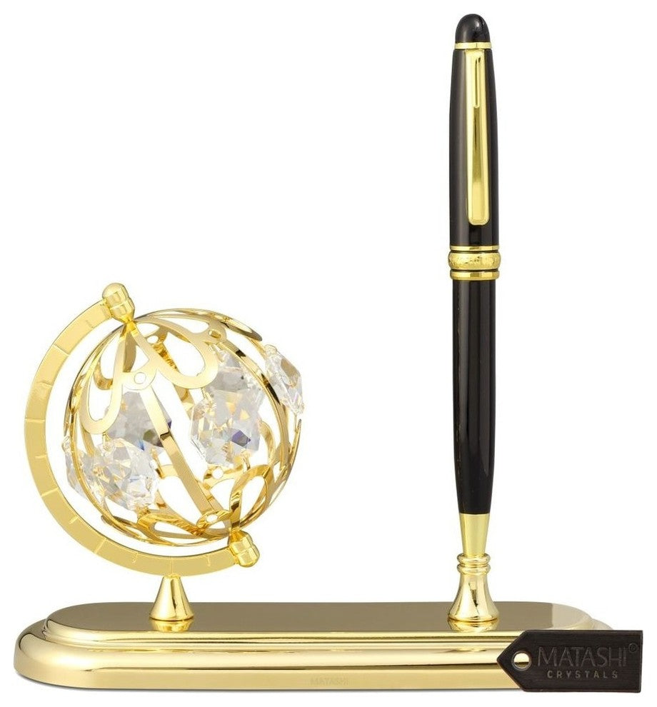 Highly Polished 24K Gold Plated Executive Desk Set With Pen and Globe Ornament