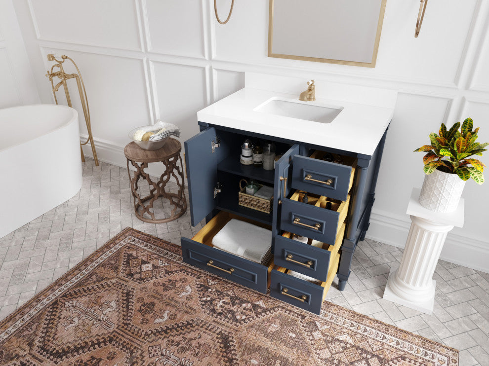 Aberdeen 36 Center Sink Bath Vanity in Hale Navy Blue  2" Carrara Quartz