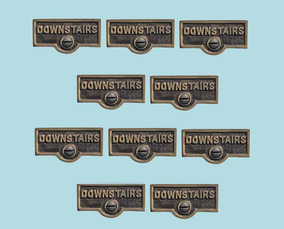 10 Switch Plate Tags DOWNSTAIRS Name Signs Labels Cast Brass |