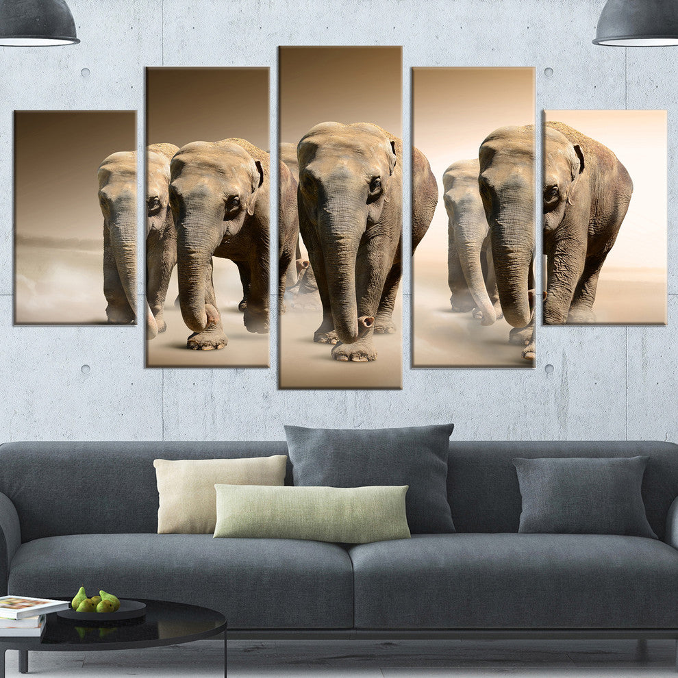 Walking Herd of Elephants, Animal Canvas Wall Art, 60"x32", 5 Panels