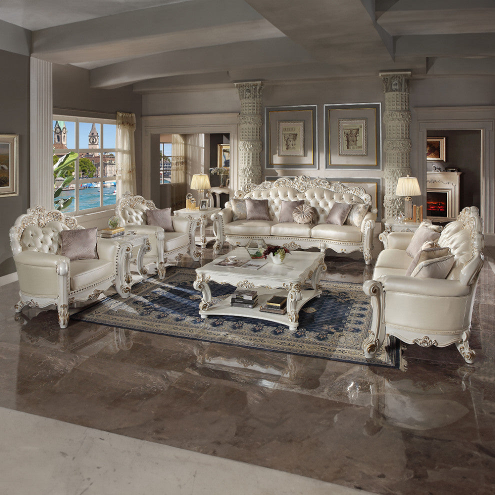 Vendome Loveseat With 3 Pillows, Champagne Synthetic Leather