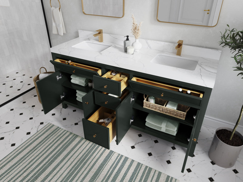 Sonoma 72 Double Sink Reeded Bath Vanity in Dark Forest Green 2" Piatra Gray