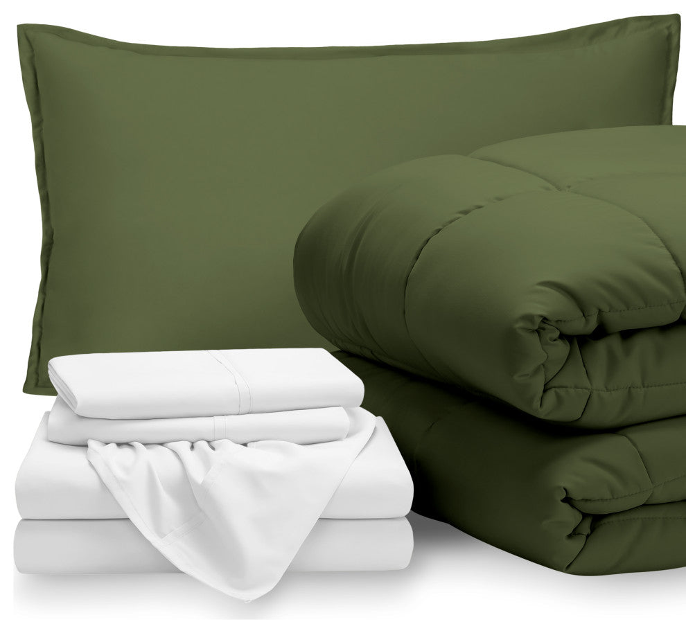 Bare Home 5-Piece Twin Bed-in-a-Bag, Green, White
