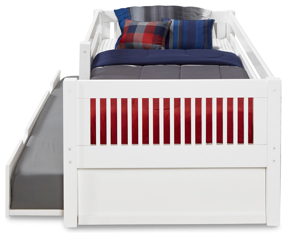 Twin Day Bed With Front Guard Rail and Twin Trundle, Mission Headboard, White