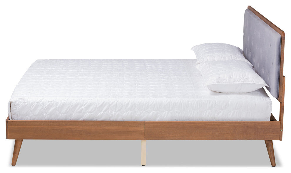 Janine Modern Velvet Fabric Upholstered Platform Bed, Gray, King