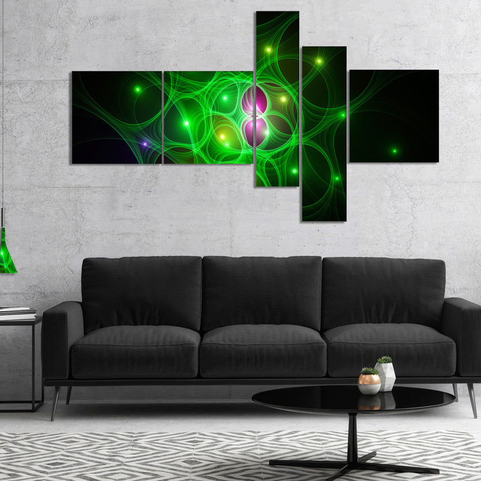 Green Fractal Space Circles, Abstract Canvas Art Print, 60"x32", 5 panels