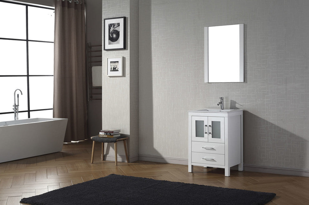 Virtu Dior 24" Single Bathroom Vanity, White, Polished Chrome Faucet, Mirror