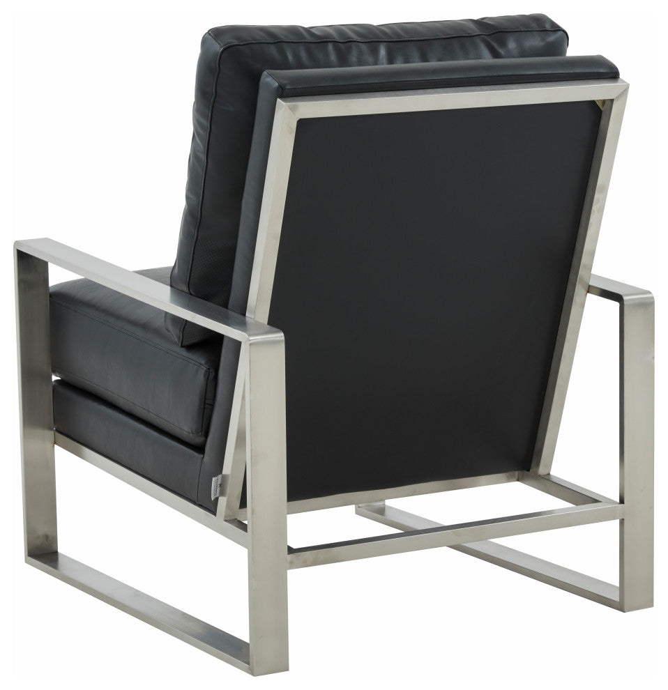 LeisureMod Jefferson Arm Chairs With Silver Frame and Coffee Table, Black