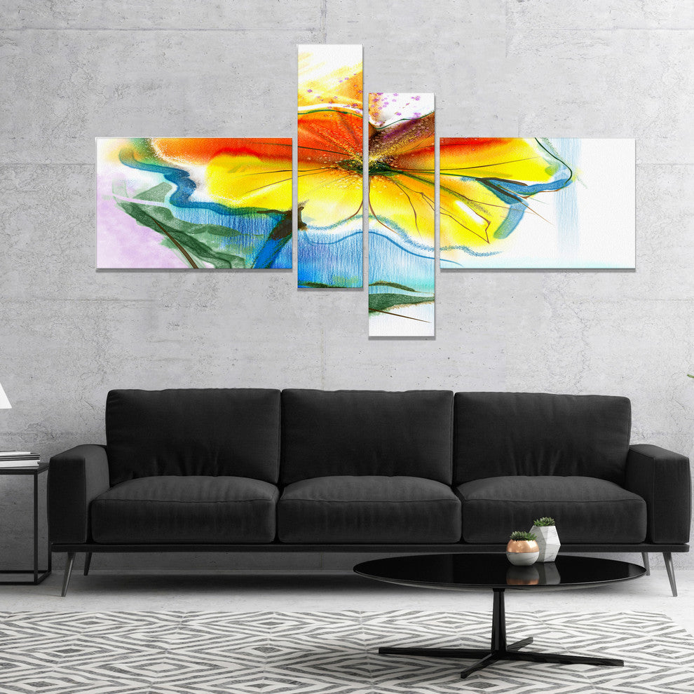 Hand Painted Yellow Pink Red Daisies, Floral Canvas Art Print, 60"x32", 4 panels