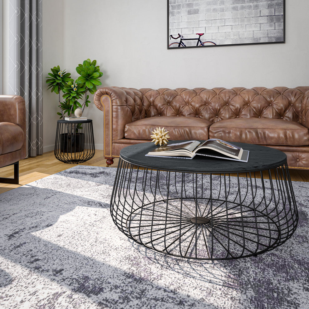 LeisureMod Runswick Round Coffee Table With Black Wire Steel Frame, Black