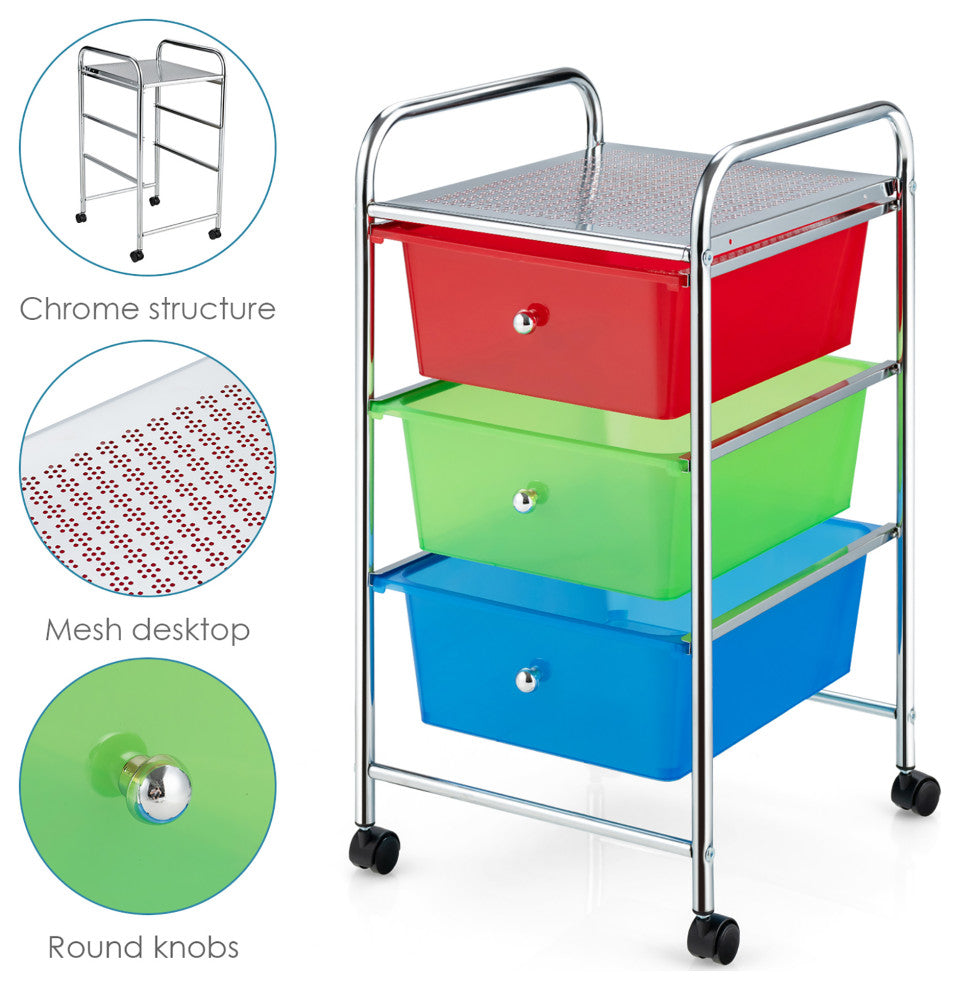 3-Drawer Cart Storage Bin Organizer Rolling w/Plastic Drawers  Rainbow