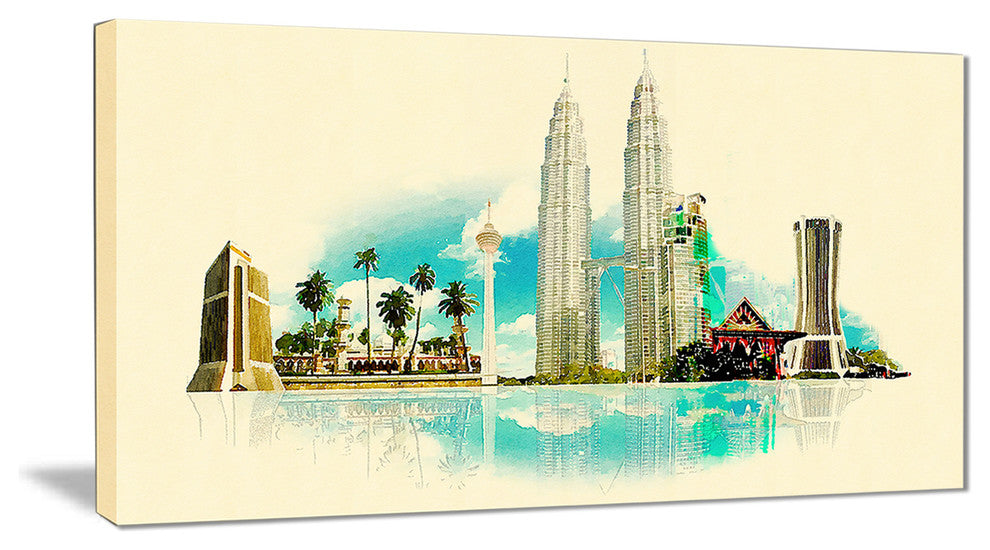 "Kuala Lumpur Panoramic View" Cityscape Watercolor Canvas Print, 32"x16"