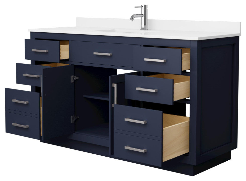 Beckett TK 60" Dark Blue Single Vanity, White Quartz Top, 1-Hole, Nickel Trim