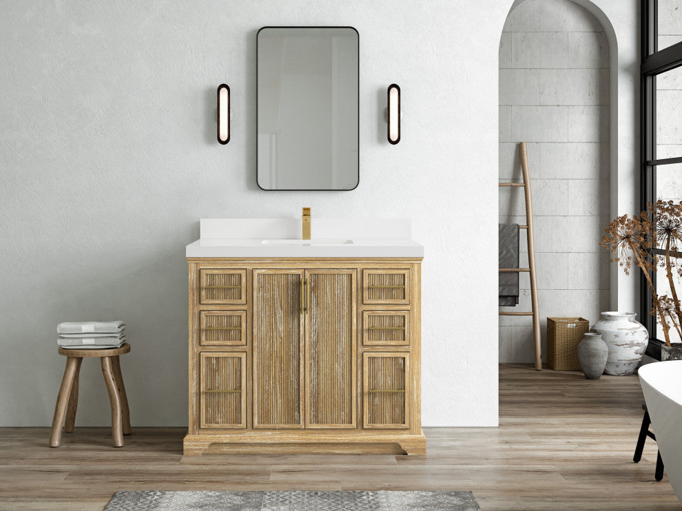 Alys Teak 42 Single Sink Bathroom Vanity Whitewashed 2" White Quartz