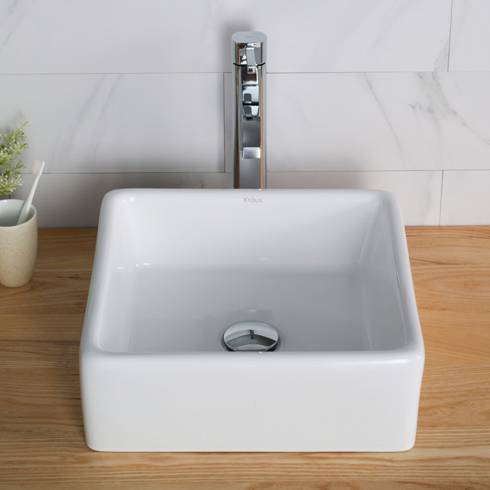 Elavo Square Ceramic Vessel Sink, Bathroom Ramus Faucet, PU Drain, Chrome