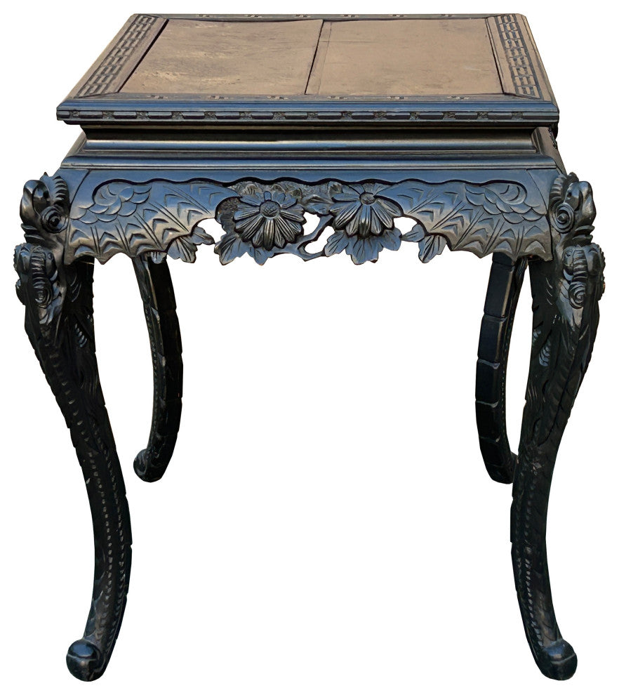 Vintage Chinese Black Relief Floral Carving Claw Legs Side Console Table Hws4812