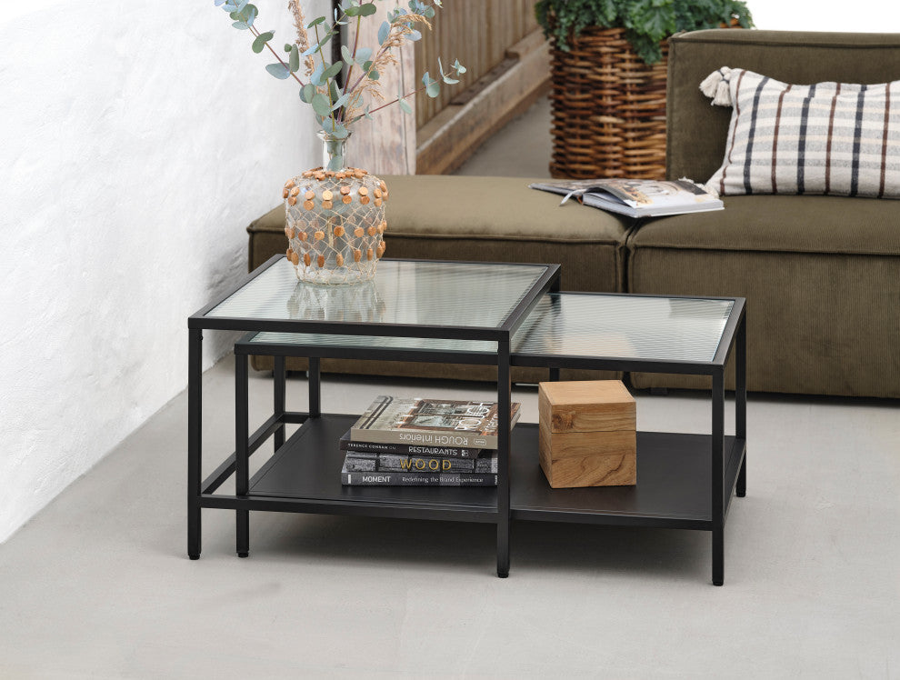 Metal and Fluted Glass Nesting Coffee Tables, Black