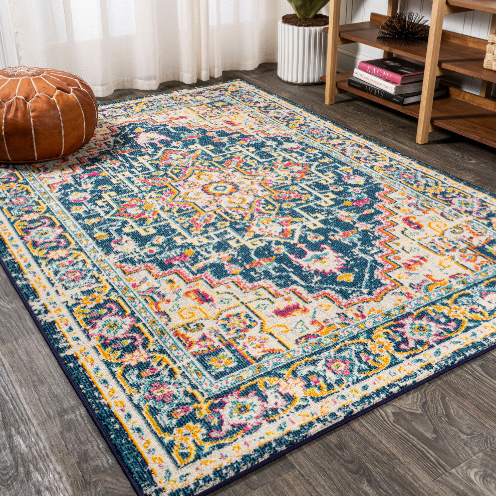 Brooklyn Geometric Medallion Area Rug, Blue/Beige, 4 X 6