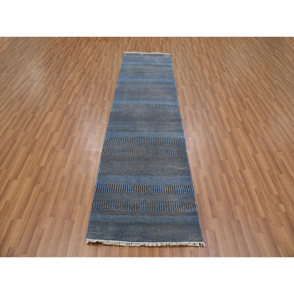 Ruddy Blue Hand Knotted Grass Design Dyed Wool and Silk Runner Rug, 2'7"x9'6"