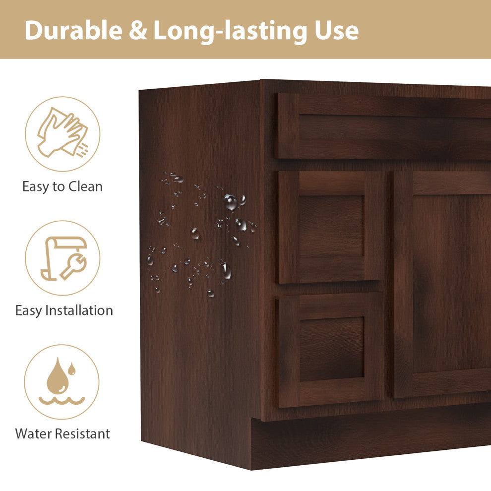 Vanity Art Vanity Base Cabinet, No Top, Drawers on Left, 36", Brown