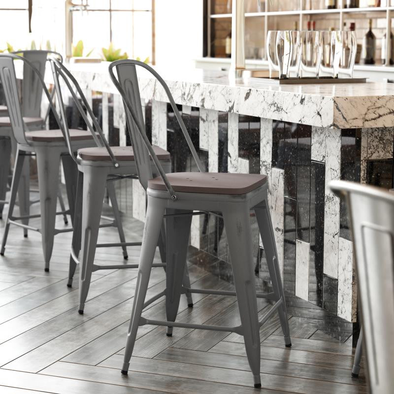 24'' High Indoor Clear Coated Counter Stool, Clear Coated/Gray