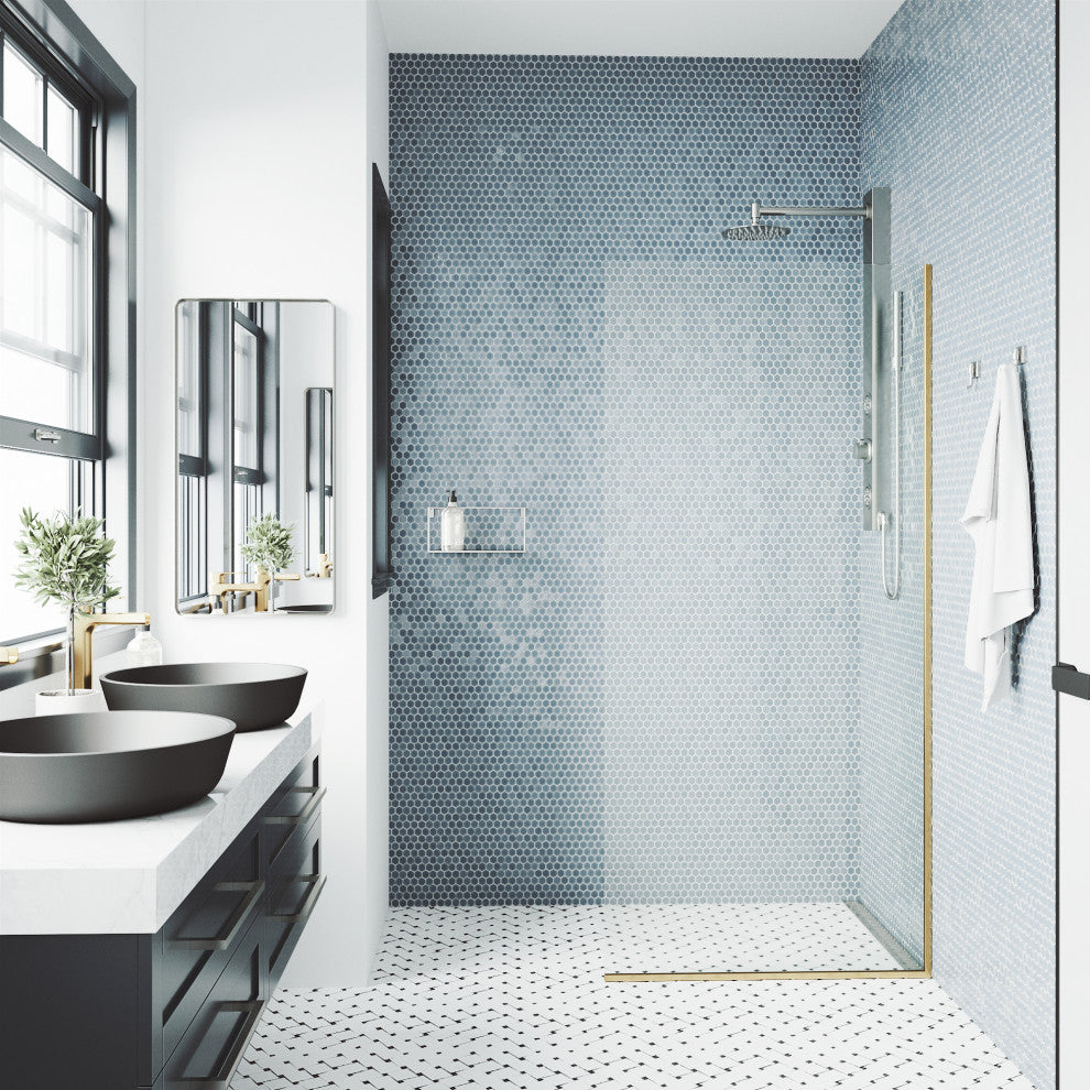 VIGO Zenith Frameless Fixed, Matte Gold, Shower Screen, 34" W X 74" H, Clear Glass