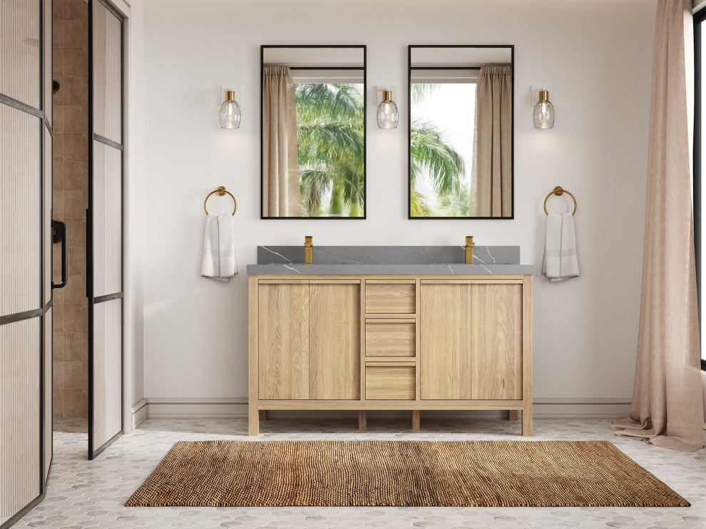 Elizabeth Oak 60" Double Sink Vanity, White 2" Piatra Gray