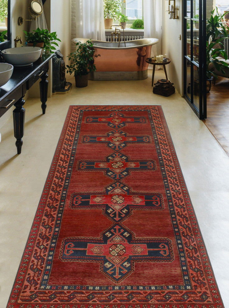 Fine Vintage Distressed Beresfor Burgundy/Navy Runner, 4'4x12'8