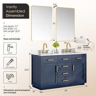 Gavino Vanity with Grain White Composite Stone Top, Royal Blue/Brushed Gold, 54", with Mirror