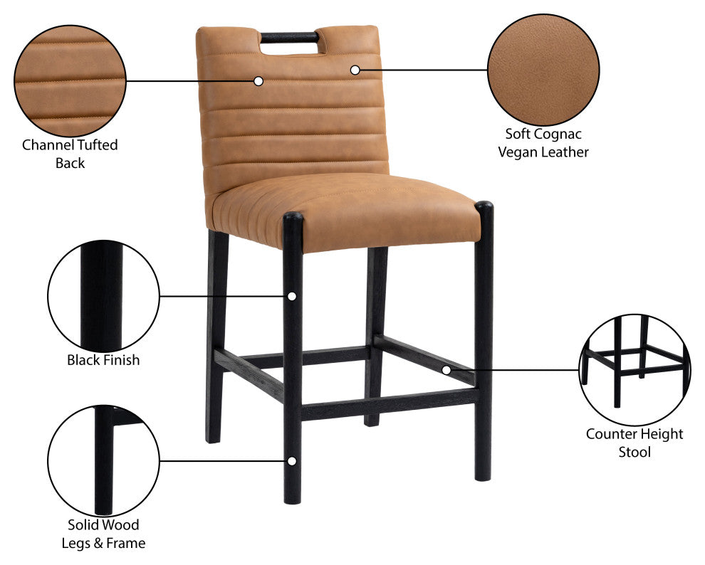 Aimee Upholstered Counter Stool, Cognac, Vegan Leather, Black Finish