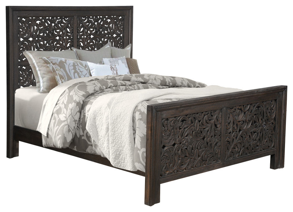 Abigail Floral Carved Solid Wood Queen Panel Bed, Black, Queen