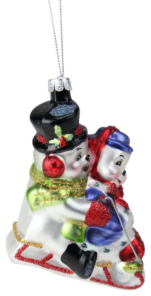 4.5" Festive Cheerful Sledding Snowmen Couple Glass Christmas Ornament