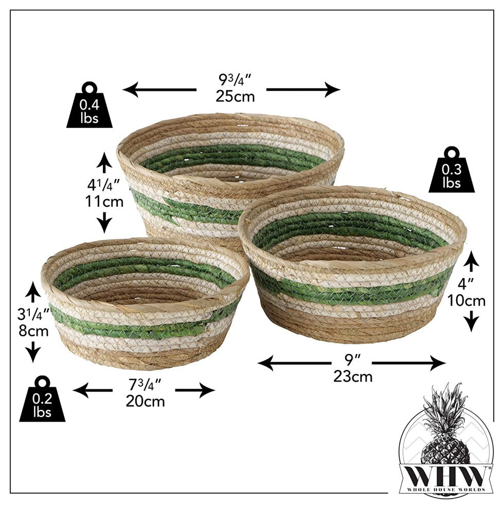 3 Piece Green and Natural Striped Baskets Set