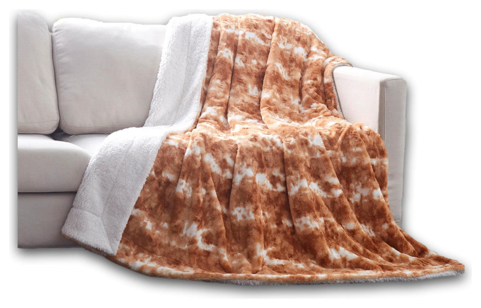 Luxury Pumpkin Orange Brown Rabbit Faux Fur Sherpa Throw Blanket, 90" X 90"