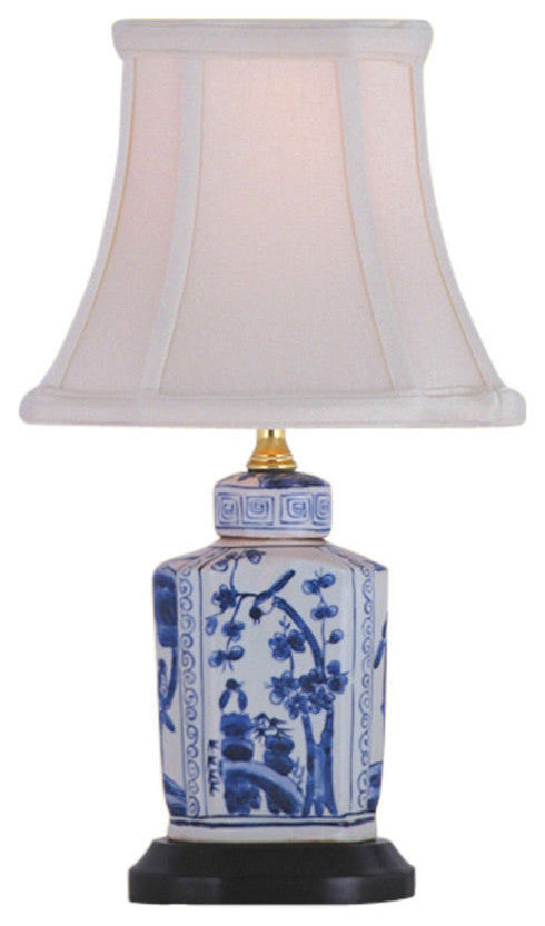 Blue and White Floral Porcelain Tea Caddy Table Lamp 13.5"