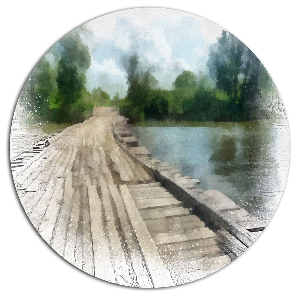 Bridge Over Waterfall In Forest, Landscape Disc Metal Wall Art, 11"
