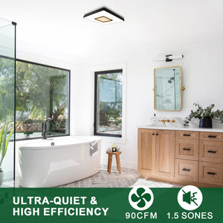 Bathroom Exhaust Fan & Light Combo 90 CFM 1.5 Sones Dimmable Light & Night Light, Matte Black