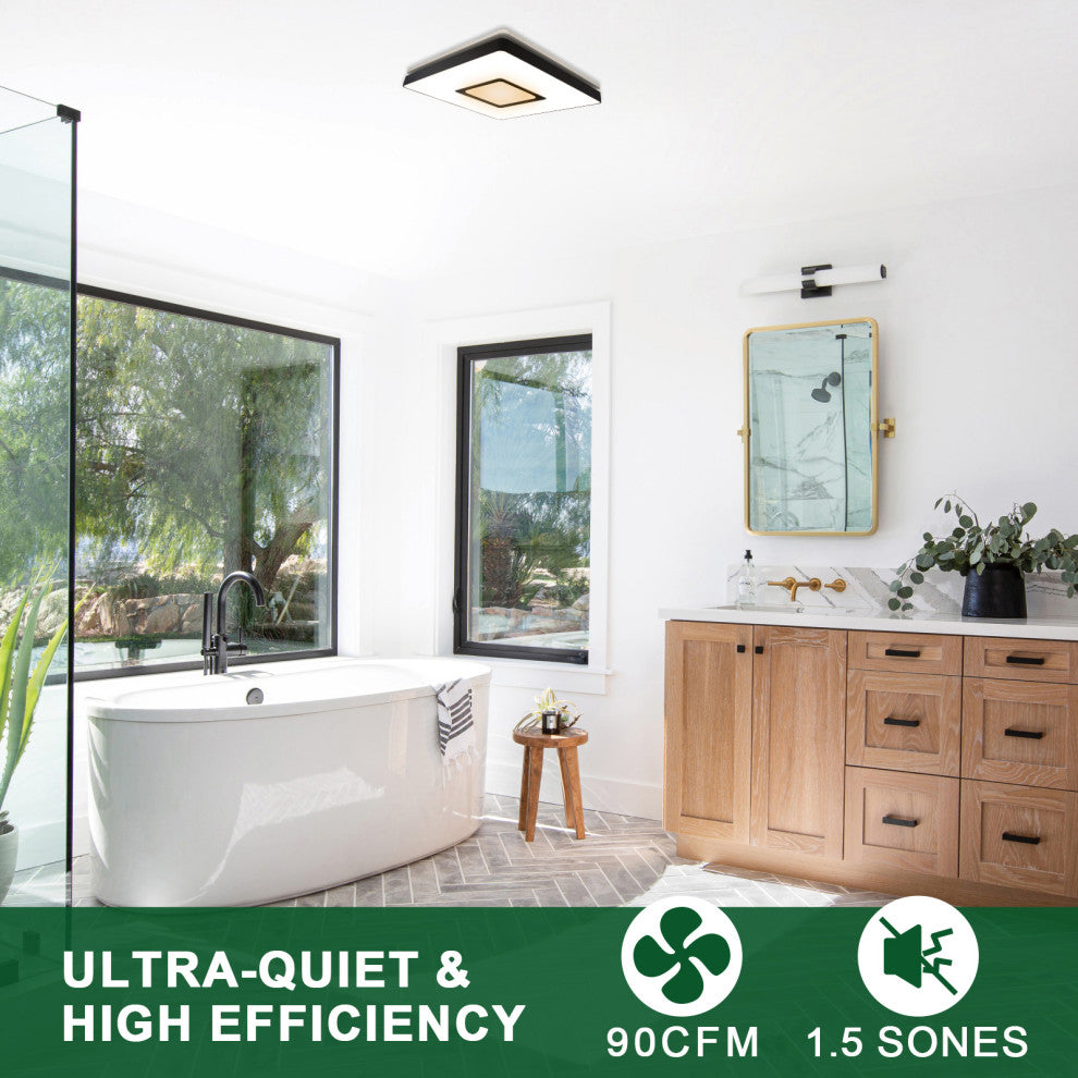 Bathroom Exhaust Fan & Light Combo 90 CFM 1.5 Sones Dimmable Light & Night Light, Matte Black