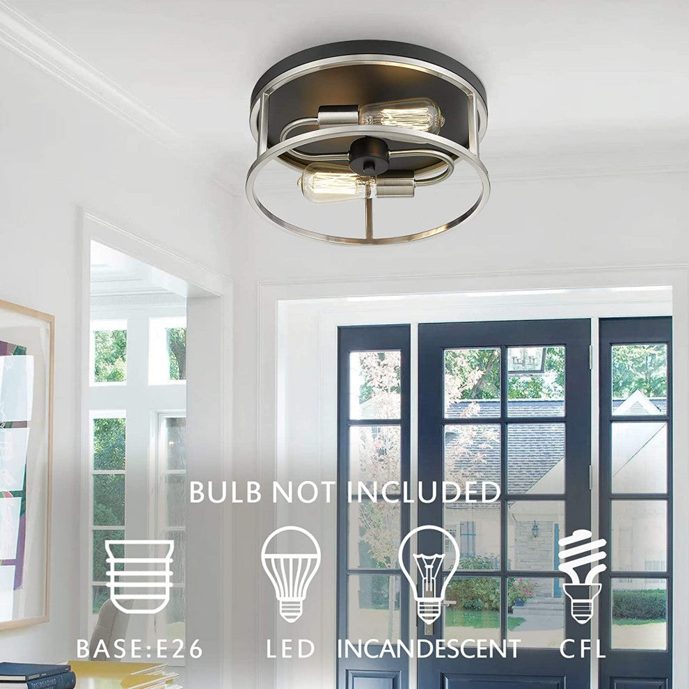 2 Light Flush Mount Ceiling Light, Round Cage, Black