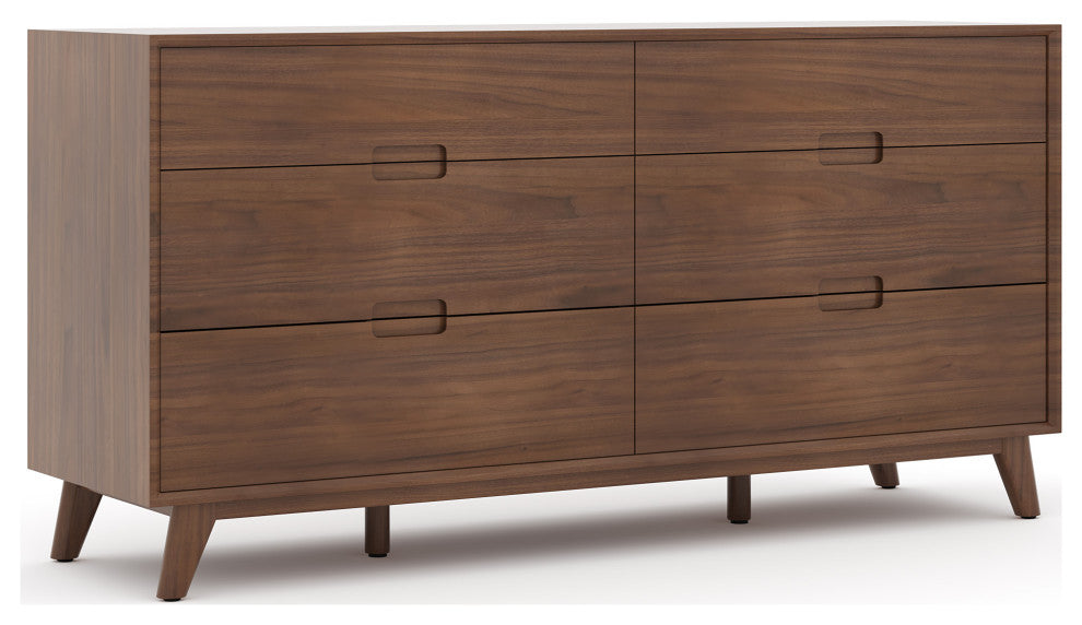 Modern Double Dresser With Groove Handles, Walnut Stain