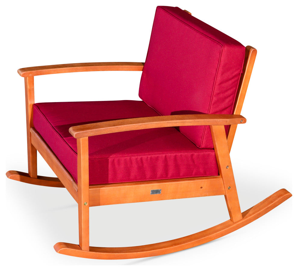 DTY Outdoor Living Longs Peak Eucalyptus Rocker w/ Cushions, Natural Oil, Burgun
