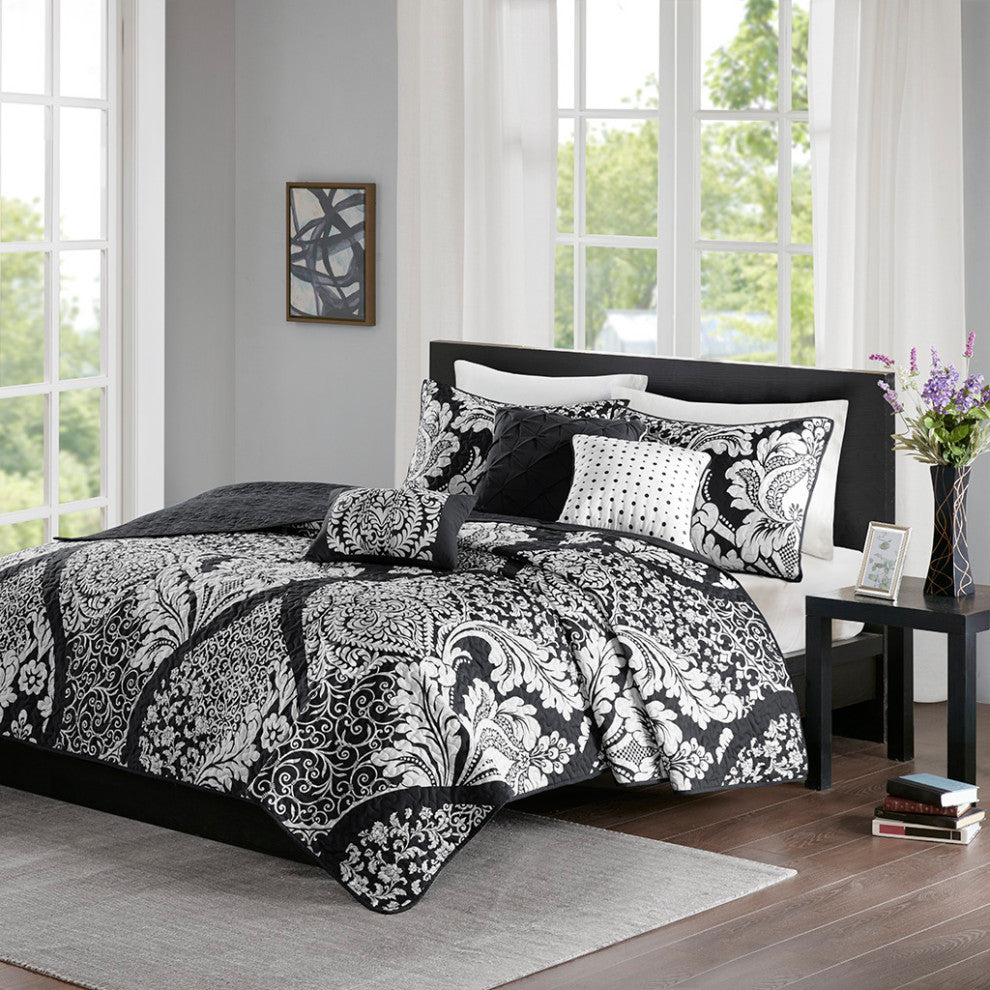 Madison Park Vienna 6 Piece Printed Cotton Quilt Set With Throw Pillows, Black