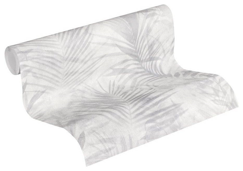 Floral Textured Wallpaper, Palm Tree Leaves, 374115, Gray Silver, 1 Roll