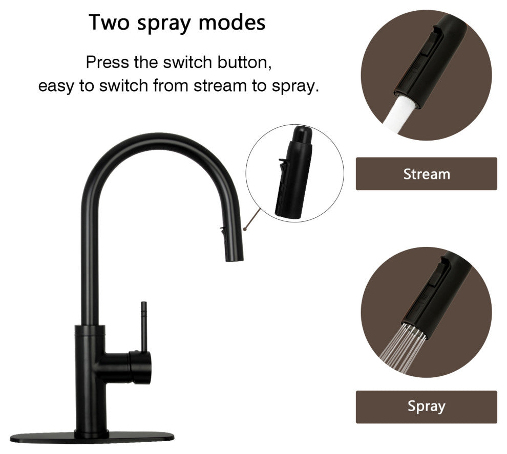 Akicon™ Copper Pull Out Kitchen Faucet With Deck Plate, Single Level Solid Brass, Matte Black